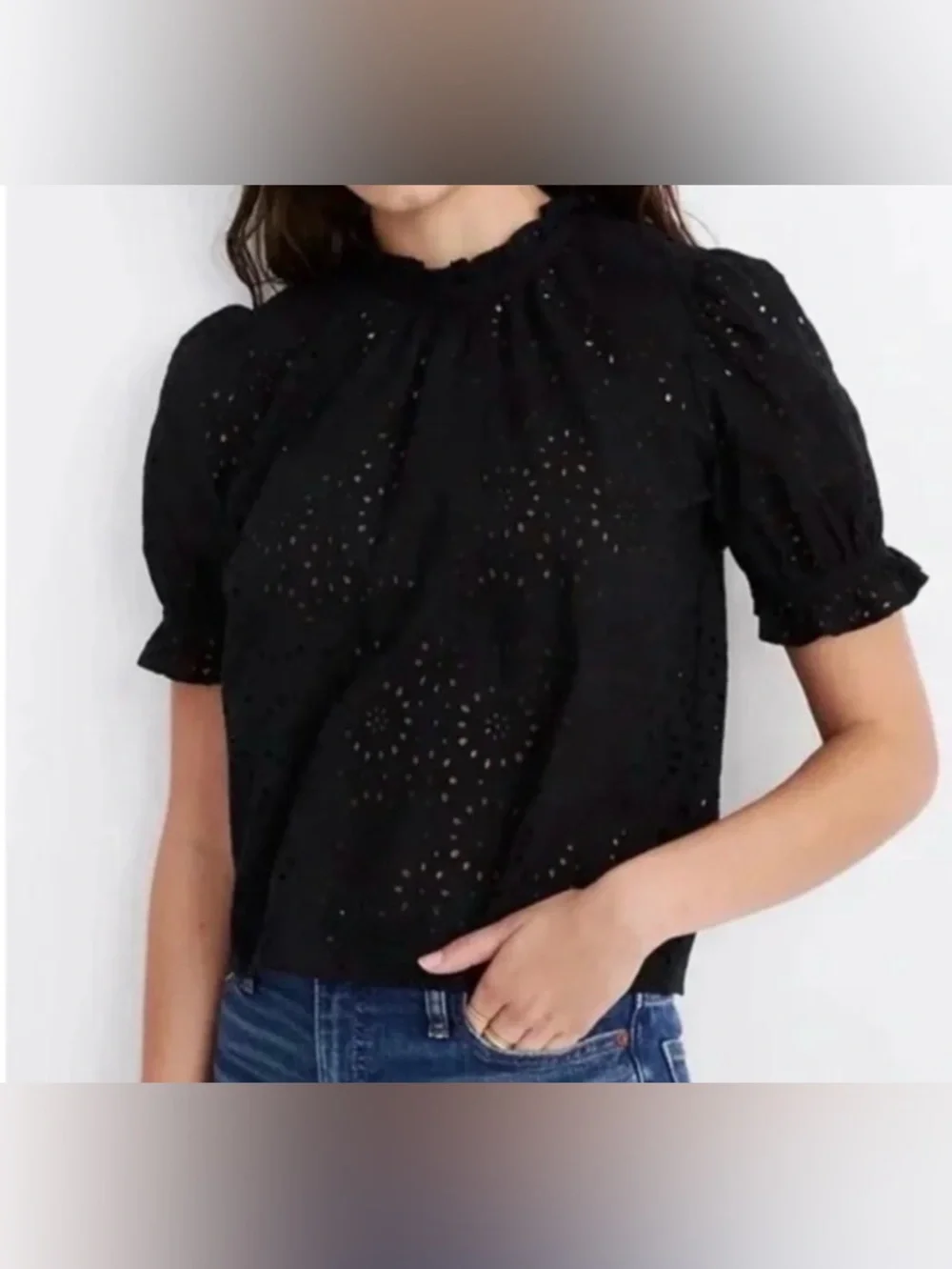 Madewell Women's Eyelet Puff Sleeve Blouse Black Cotton Regular S